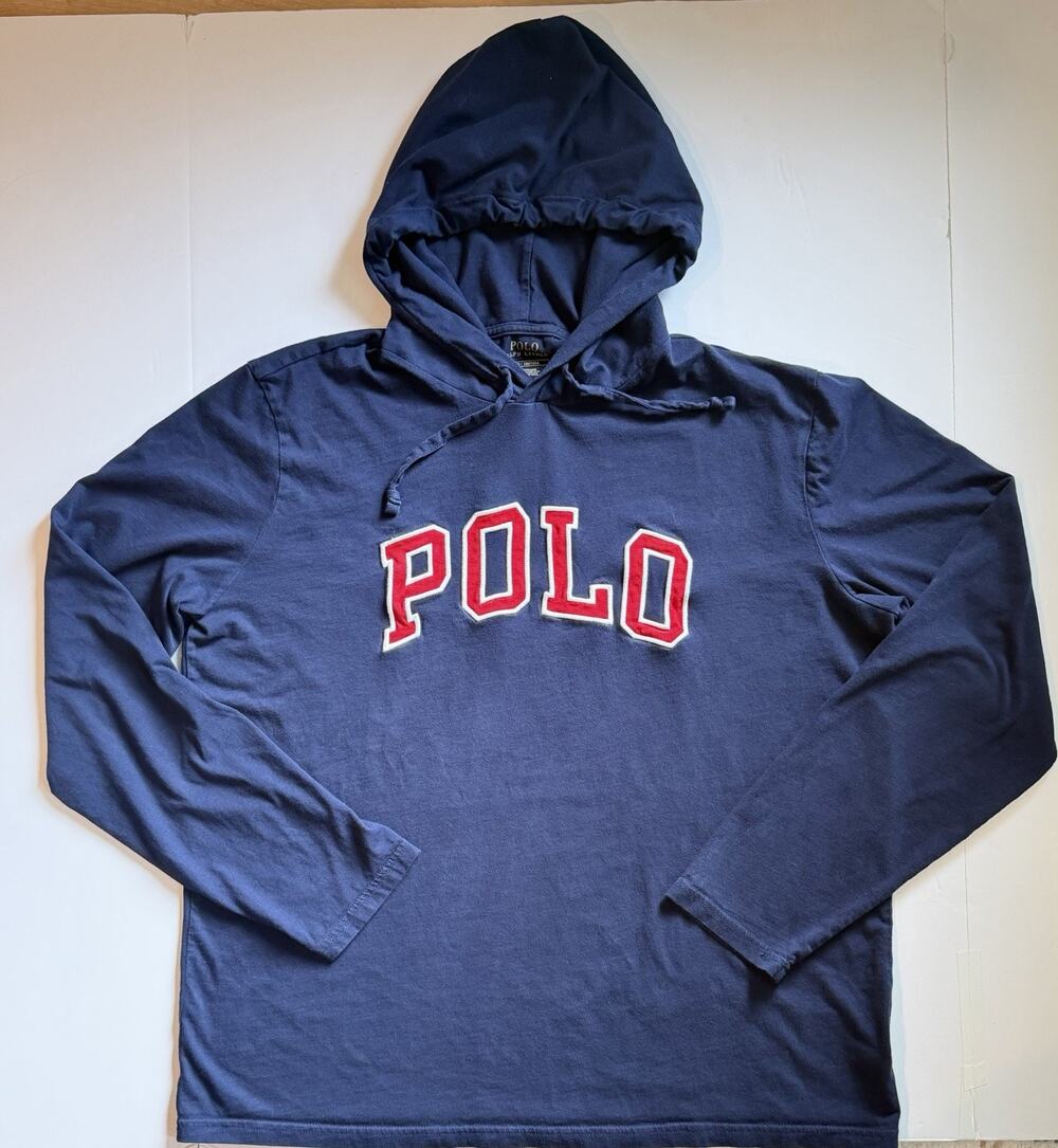 Ralph Lauren Men’s L Navy Blue Hooded Shirt Big POLO Logo Long Sleeve